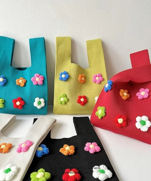 Alternative view of Red Open Knitted Handbag with Flowers