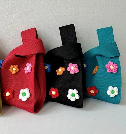 Alternative view of Black Open Knitted Handbag with Flowers