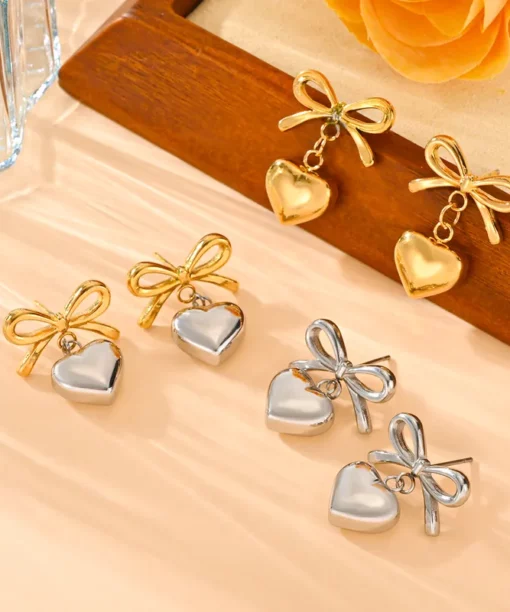 Alternative view of Silver Heart Bow Earrings