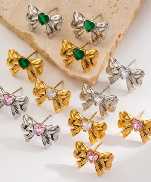 Alternative view of White Bow Heart Ear Studs