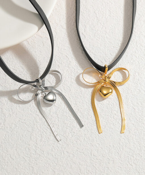 Alternative view of Black Leather Choker With Bow Heart